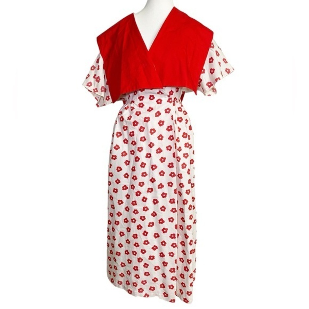 Vintage Red and White Floral Women's Midi Wrap Style Dress